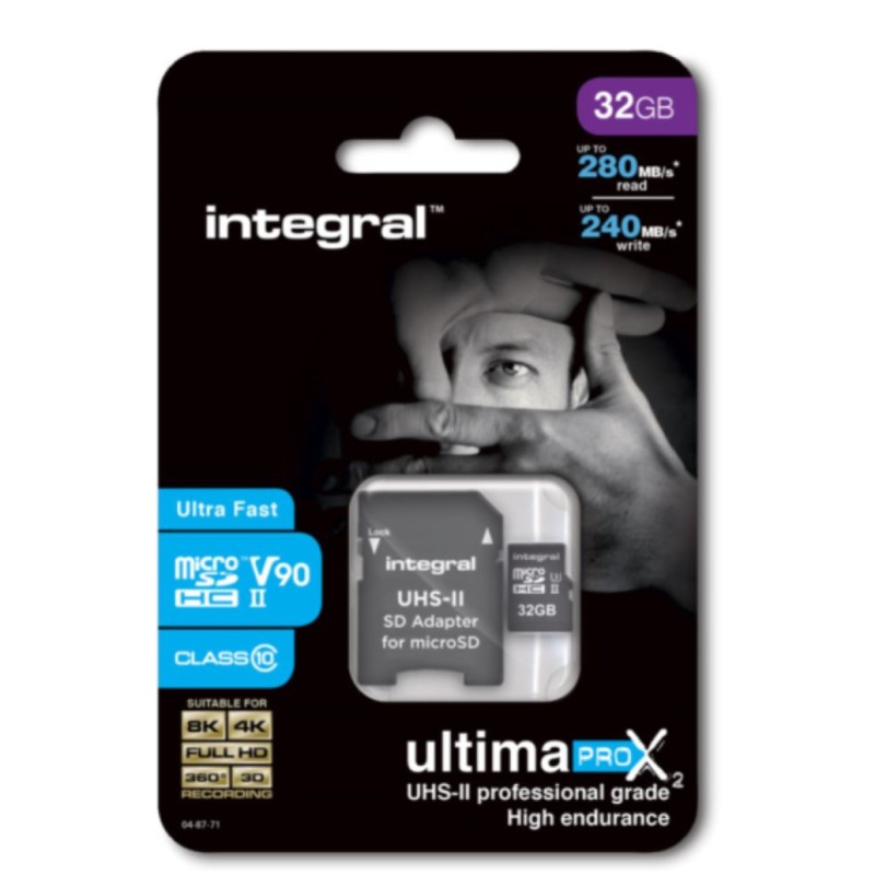 Spominska kartica SDHC-Micro 32GB Integral UltimaPro X2 380MB/s/240MB/s U3 V90 UHS-II +adapter (INMSDH32G-280/240U2) INTEGRAL Spominska kartica SDHC-Micro 32GB Integral UltimaPro X2 380MB/s/240MB/s U3 V90 UHS-II +adapter (INMSDH32G-280/240U2)