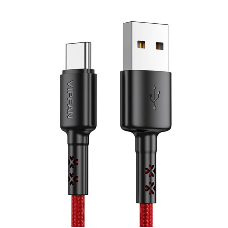 Kabel USB-C => USB-A 2.0 tekstil ovoj 1,20m 3A Vipfan X02 – rdeč (X02TC)