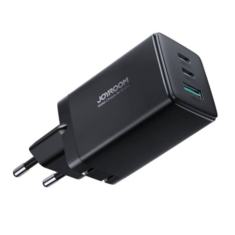 Hišni polnilec 100-240V => 2x USB-C 1x USB-A 65W za mobilni telefon ali tablični računalnik Joyroom GaN z USB-C kablom - črn (JR-TCG01)Nabíječka GaN Ultra 65W 2C1A Kabel C-C Joyroom TCG01 (černý)