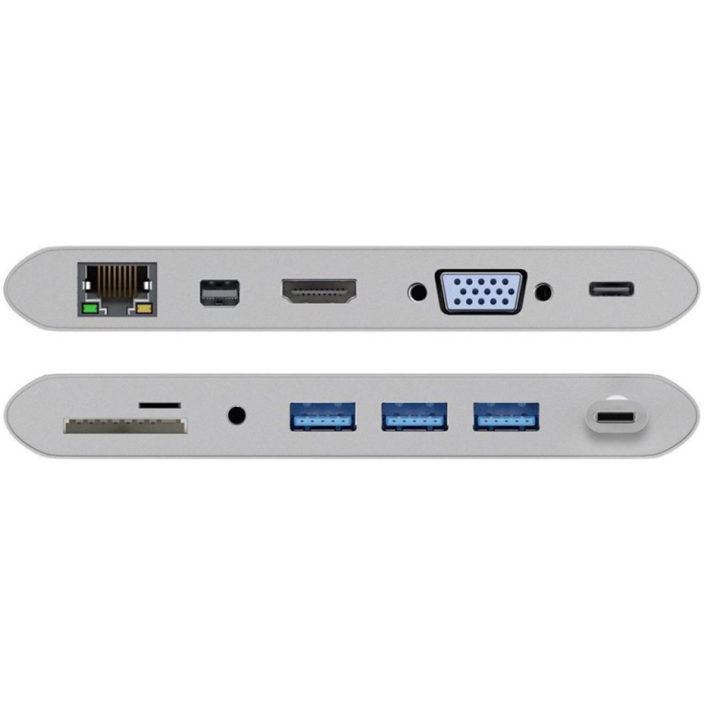 Priklopna postaja USB-C => Goobay 1xHDMI 1xMiniDisplayPort VGA 3xUSB3.0 1xUSB-C PD 60W 1xLAN 1x3,5mm čitalec kartic SD/microSD (62113)