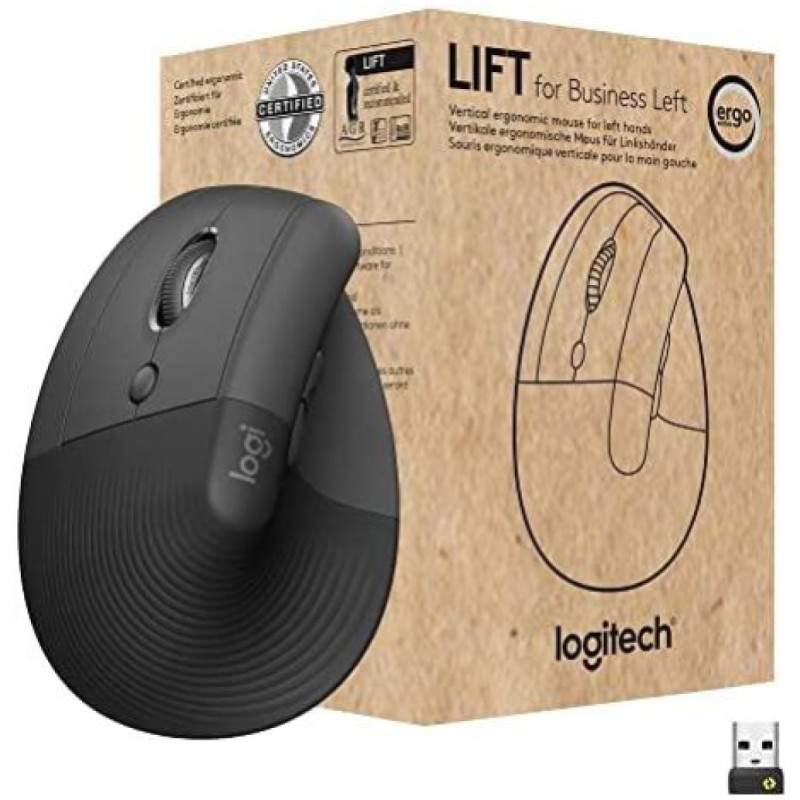 Miš brezžična + Bluetooth Logitech Lift Vertical For Business 4000DPI za levičarje grafitna (910-006495) LOGITECH Miš brezžična + Bluetooth Logitech Lift Vertical For Business 4000DPI za levičarje grafitna (910-006495)