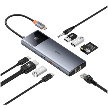 Priklopna postaja USB-C => 2x USB 2.0 (480Mbps) 1x USB 3.2 (10Gbps) 1x USB-C 3.1 (10Gbps) 1x HDMI 4K@60Hz USB-C PD 100W RJ45 3,5mm čitalec kartic TF/SD Baseus Metal Gleam II Series (B00061800813-00)