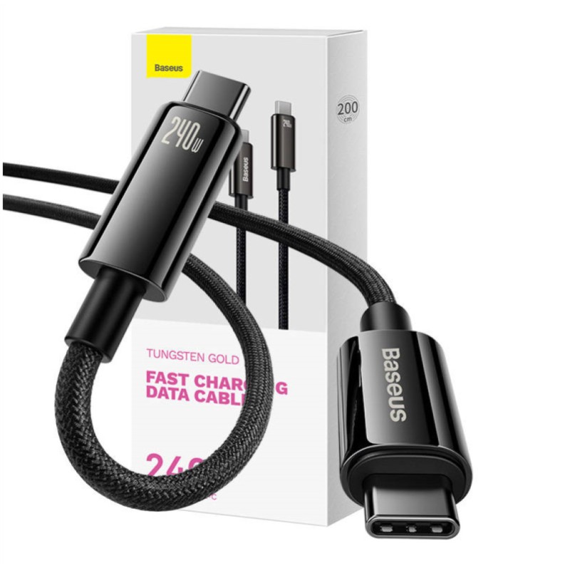 Kabel USB-C => USB-C tekstil ovoj 2,00m 240W Baseus Tungsten Gold črn (CAWJ040101) Baseus Kabel USB-C => USB-C tekstil ovoj 2,00m 240W Baseus Tungsten Gold črn (CAWJ040101)
