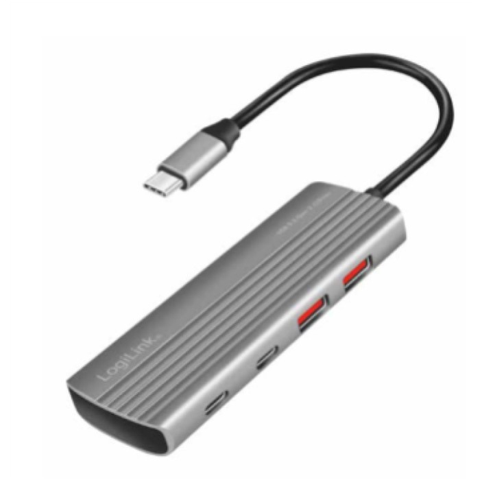 HUB USB-C => 2xUSB3.2 Gen2 tip A in 2xUSB-C3.2 Gen2 PD3.0 100W 10Gbps 20cm ALU ohišje space gray Logilink (UA0413)