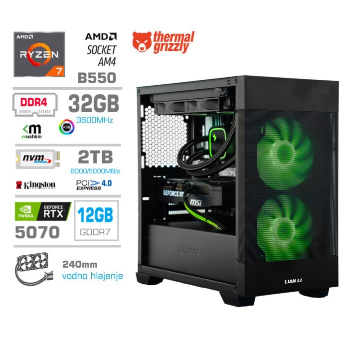 Računalnik MEGA MT S7X R7-5800X/RTX5070/32GB/2TB-4.0/750W/Brez OS/črna RGB + Estetski napajalni kabli [Zelena / Črna]