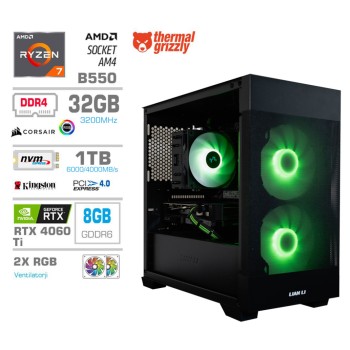 Računalnik MEGA MT S7X R7-5700X/RTX4060Ti/32GB/1TB-4.0/750W/Brez OS/črna RGB + Estetski napajalni kabli [Zelena / Črna]