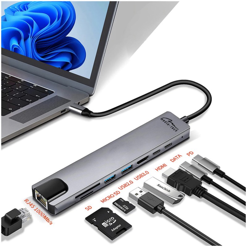 Priklopna postaja USB-C => Media-Tech 8v1 1xHDMI 1xUSB2.0 1xUSB3.0 1xUSB-C podatkovni 1xUSB-C PD 100W 1xLAN čitalec kartic SD/microSD (MT5046) Media-Tech Priklopna postaja USB-C => Media-Tech 8v1 1xHDMI 1xUSB2.0 1xUSB3.0 1xUSB-C podatkovni 1xUSB-C PD 100W 1xLAN čitalec kartic SD/microSD (MT5046)