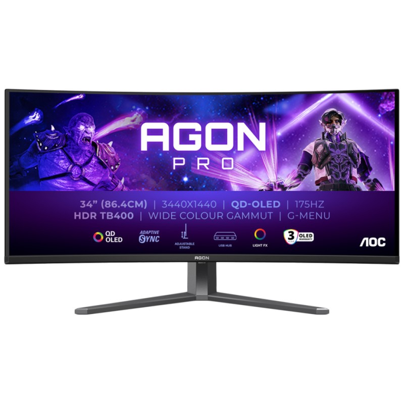 Monitor AOC 86,4 cm (34,0) AG346UCD 3440x1440 Curved Gaming 175Hz QD-OLED 0,03ms 2xHDMI DisplayPort 3xUSB3.2 HAS Zvočniki 2x8W  DCI-P3-99% AdaptiveSync FreeSync Premium Pro HDR400 Agon