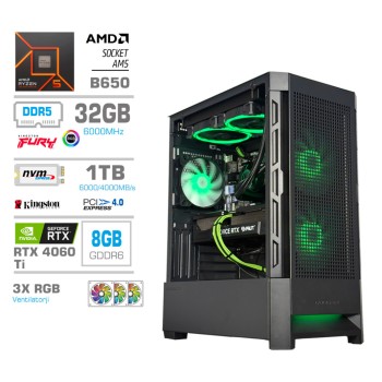 Računalnik MEGA MT S8 R5-7600X/RTX4060Ti/32GB-DDR5/1TB-4.0/750W/Brez OS/črna RGB + Estetski napajalni kabli [Zelena / Črna]