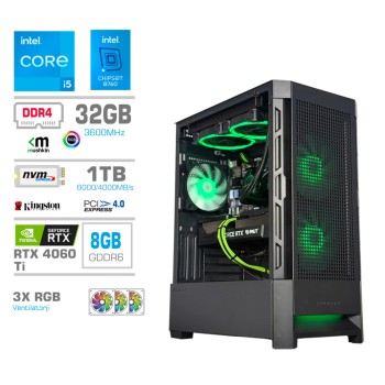 Računalnik MEGA MT S8 i5-13400/RTX4060Ti/32GB/1TB-4.0/750W/Brez OS/črna RGB + Estetski napajalni kabli [Zelena / Črna]
