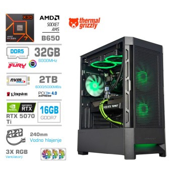 Računalnik MEGA MT S8 R7-7800X3D/RTX5070Ti/32GB-DDR5/2TB-4.0/750W/Brez OS/črna RGB + Estetski napajalni kabli [Zelena / Črna]