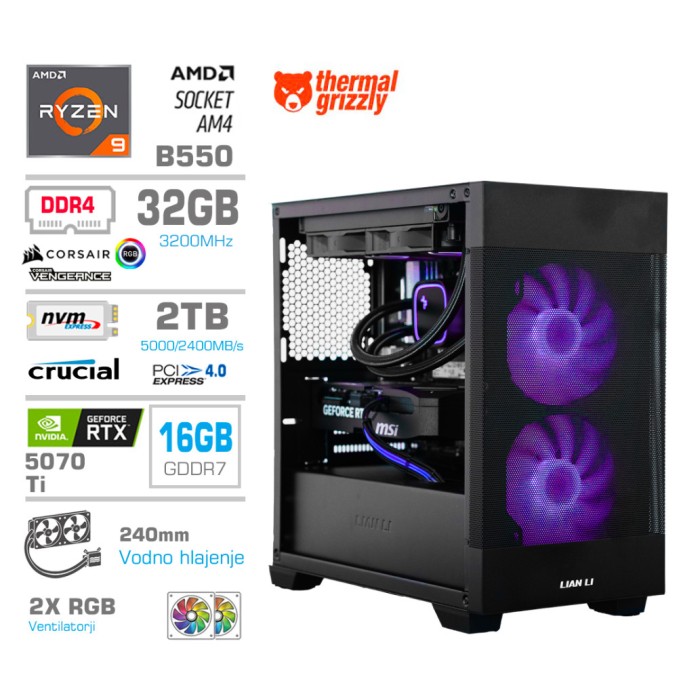 Računalnik MEGA MT S7X R9-5950X/RTX5070Ti/32GB/2TB-4.0/750W/Brez OS/črna RGB + Estetski napajalni kabli [Vijola / Črna]