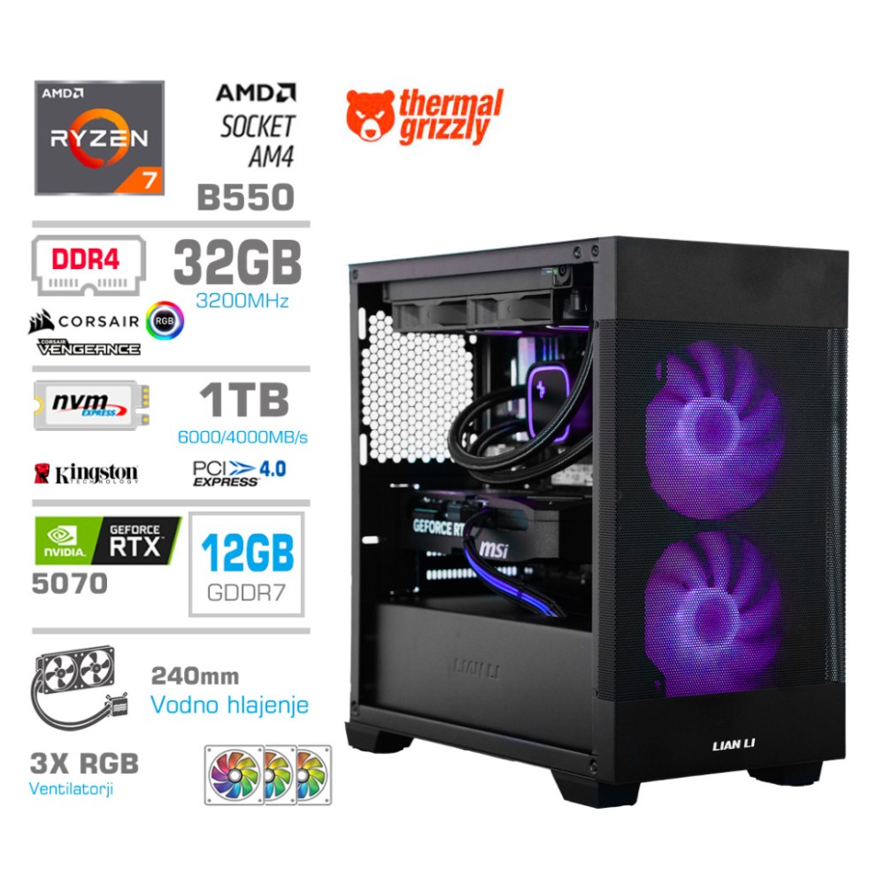 Računalnik MEGA MT S7X R7-5700X/RTX5070/32GB/1TB-4.0/750W/Brez OS/črna RGB + Estetski napajalni kabli [Vijolična / Črna]