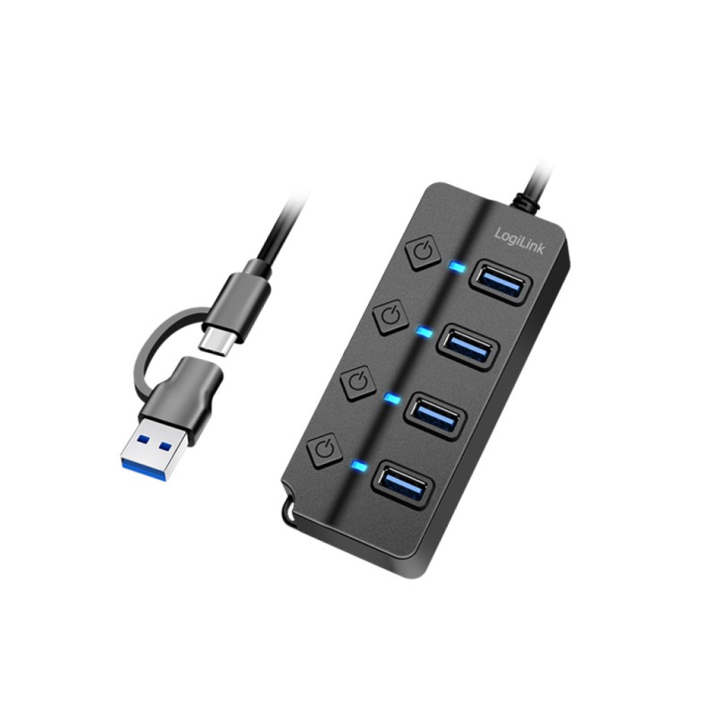 HUB USB-C/A => 4x USB-A z napajanjem 5Gbps/s 3.2Gen1 s stikali LogiLink (UA0419) LOGILINK HUB USB-C/A => 4x USB-A z napajanjem 5Gbps/s 3.2Gen1 s stikali LogiLink (UA0419)