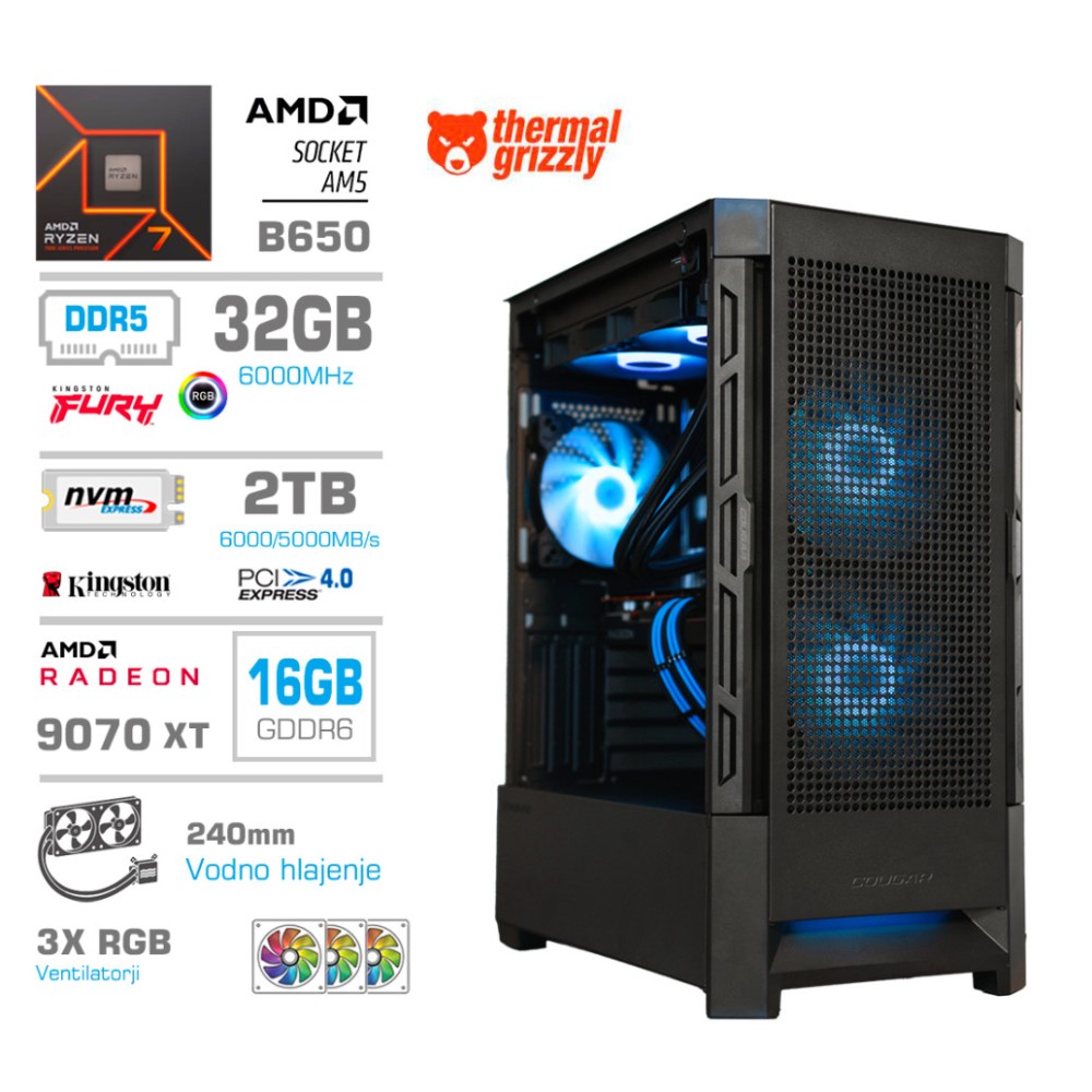 Računalnik MEGA MT S8 R7-7700X/RX9070 XT/32GB-DDR5/2TB-4.0/750W/Brez OS/črna RGB + Estetski napajalni kabli [Modra / Črna]