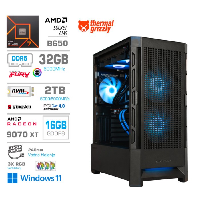 Računalnik MEGA MT S8 R7-7700X/RX9070 XT/32GB-DDR5/2TB-4.0/750W/Win11Home/črna RGB + Estetski napajalni kabli [Modra / Črna]