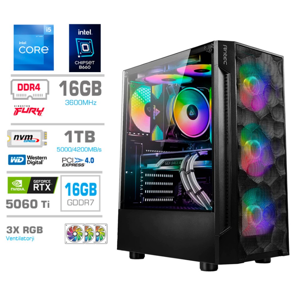 Računalnik MEGA TWR S7 i5-12600K/RTX5060Ti-16GB/16GB/1TB-4.0/750W/Brez OS RGB
