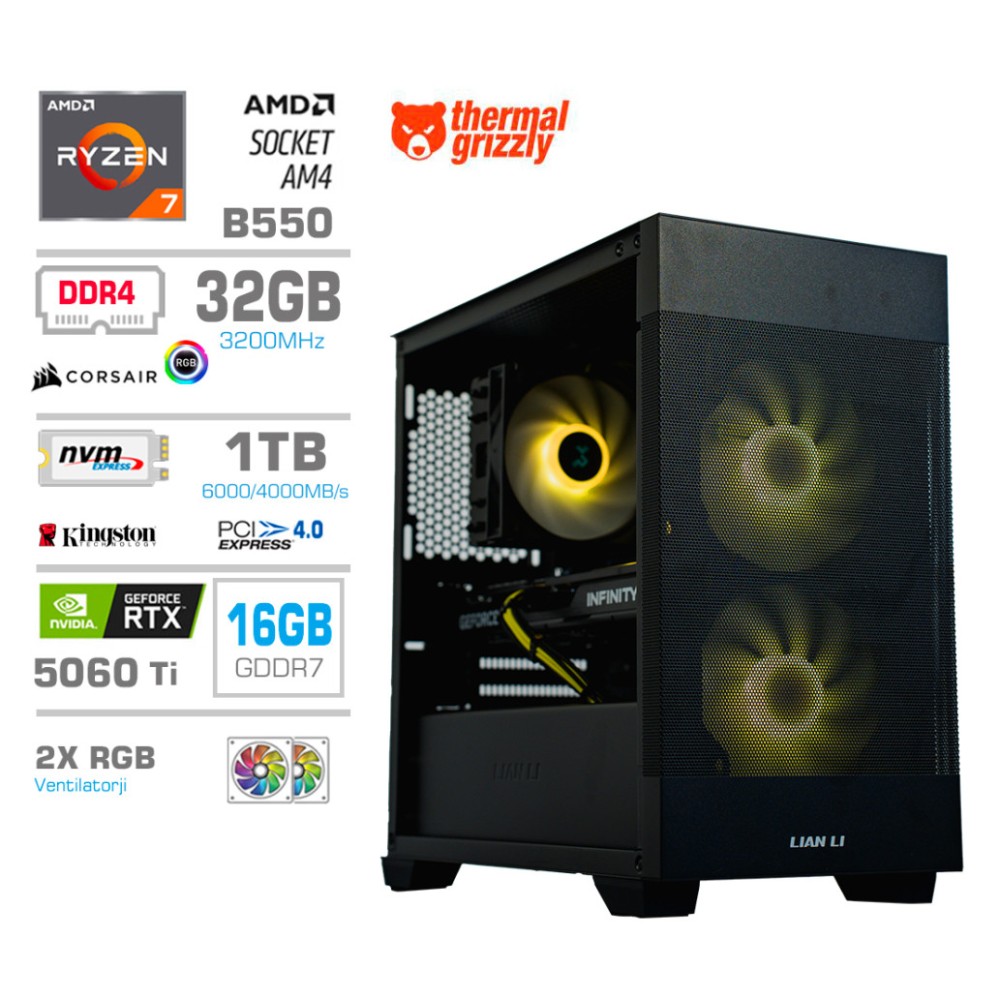 Računalnik MEGA MT S7X R7-5700X/RTX5060Ti-16GB/32GB/1TB-4.0/750W/Brez OS/črna RGB + Estetski napajalni kabli [Svetlo modra / Črna]