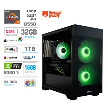 Računalnik MEGA MT S7X R7-5800X/RTX5060Ti-16GB/32GB/1TB-4.0/750W/Brez OS/črna RGB + Estetski napajalni kabli [Zelena / Črna]