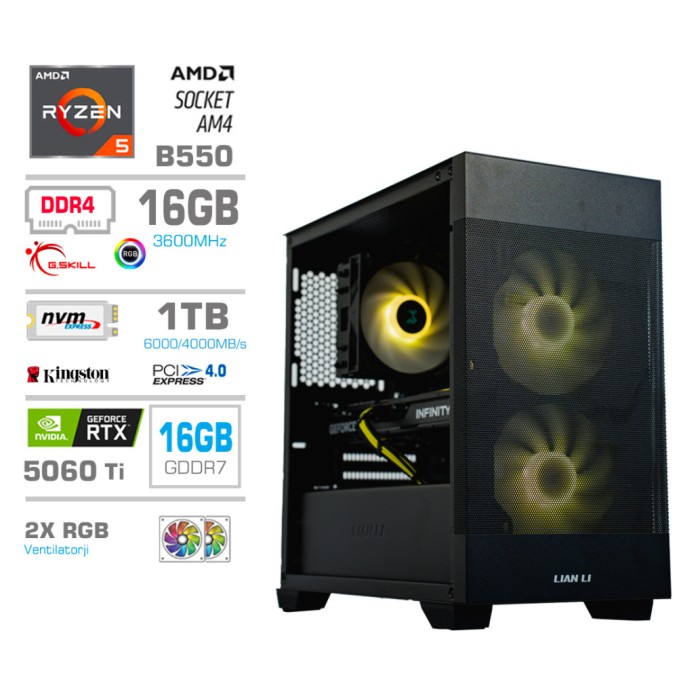 Računalnik MEGA MT S7X R5-5600X/RTX5060Ti-16GB/16GB/1TB-4.0/750W/Brez OS/črna RGB + Estetski napajalni kabli [Rumena / Črna]