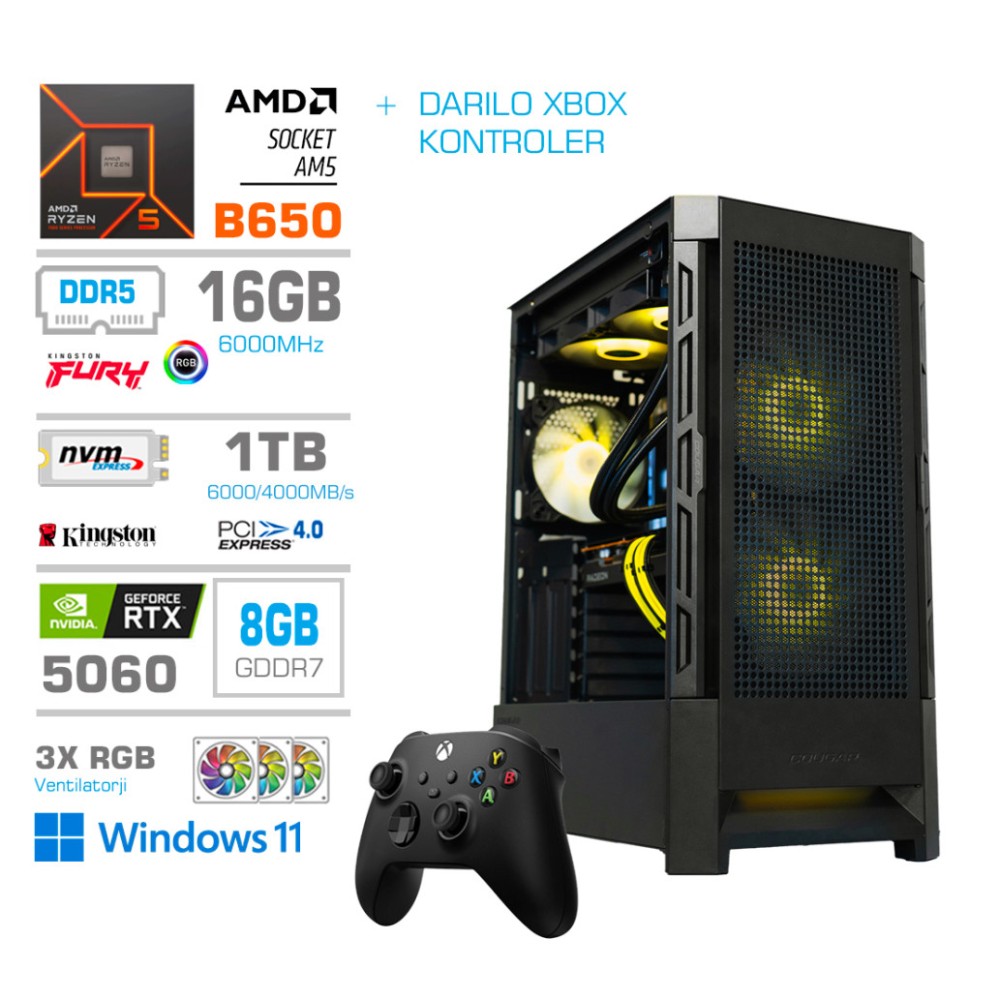 Računalnik MEGA MT S8 R5-7600/RTX5060/32GB-DDR5/1TB-4.0/750W/Win11Home/črna RGB + Estetski napajalni kabli [Rumena / Črna] * DARILO *