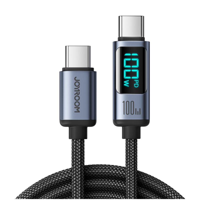 Kabel USB-C => USB-C tekstil ovoj 1,20m 100W LED zaslon Prism Series A16 Joyroom črn (S-CC100A16)