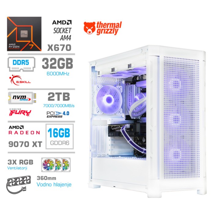 Računalnik MEGA TWR S11 R7-7700X/RX9070 XT/32GB-DDR5/2TB-4.0/1050W/Brez OS/bela RGB + Estetski napajalni kabli [Vijolična / Bela]