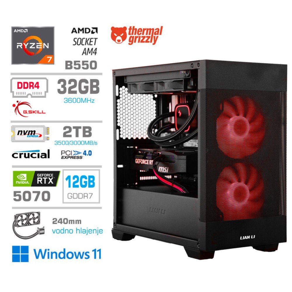 Računalnik MEGA MT S7X R7-5800X/RTX5070/32GB/2TB-4.0/750W/Win11Home/črna RGB + Estetski napajalni kabli [Rdeča / Črna]