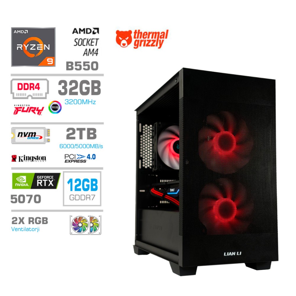 Računalnik MEGA MT S7X R9-5950X/RTX5070/32GB/2TB-4.0/750W/Brez OS/črna RGB + Estetski napajalni kabli [Rdeča / Črna]