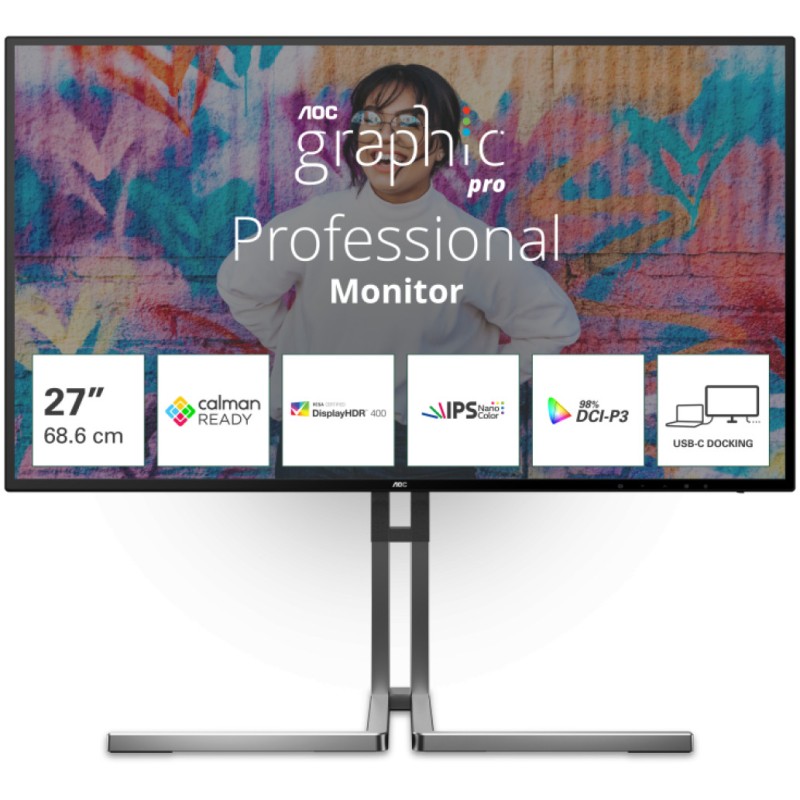 Monitor AOC 68,6 cm (27,0) U27U3CV 3840x2160 Nano-IPS 4ms 2xHDMI DisplayPort USB-C 96W 4xUSB3.2 USB-C-Out Pivot Zvočniki 2x3W DCI-P3-98% RJ45 KVM HDR400 AOC Monitor AOC 68,6 cm (27,0) U27U3CV 3840x2160 Nano-IPS 4ms 2xHDMI DisplayPort USB-C 96W 4xUSB3.2 USB-C-Out Pivot Zvočniki 2x3W DCI-P3-98% RJ45 KVM HDR400