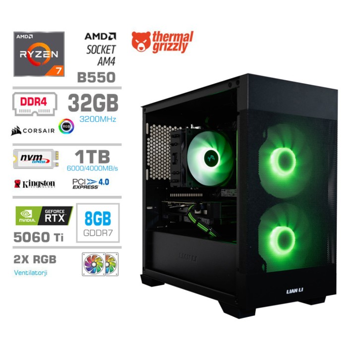 Računalnik MEGA MT S7X R7-5700X/RTX5060Ti/32GB/1TB-4.0/750W/Brez OS/črna RGB + Estetski napajalni kabli [Zelena / Črna]