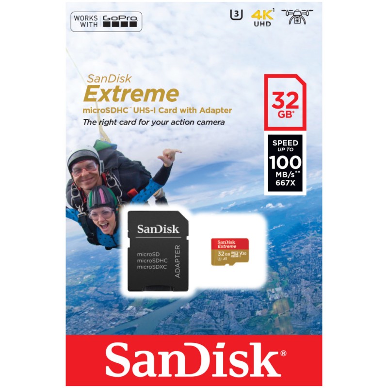 Spominska kartica SDXC-Micro 32GB Sandisk Etreme 100MB/s U3 V30 UHS-I (SDSQXAF-032G-GN6AA) +adapter SANDISK Spominska kartica SDXC-Micro 32GB Sandisk Etreme 100MB/s U3 V30 UHS-I (SDSQXAF-032G-GN6AA) +adapter