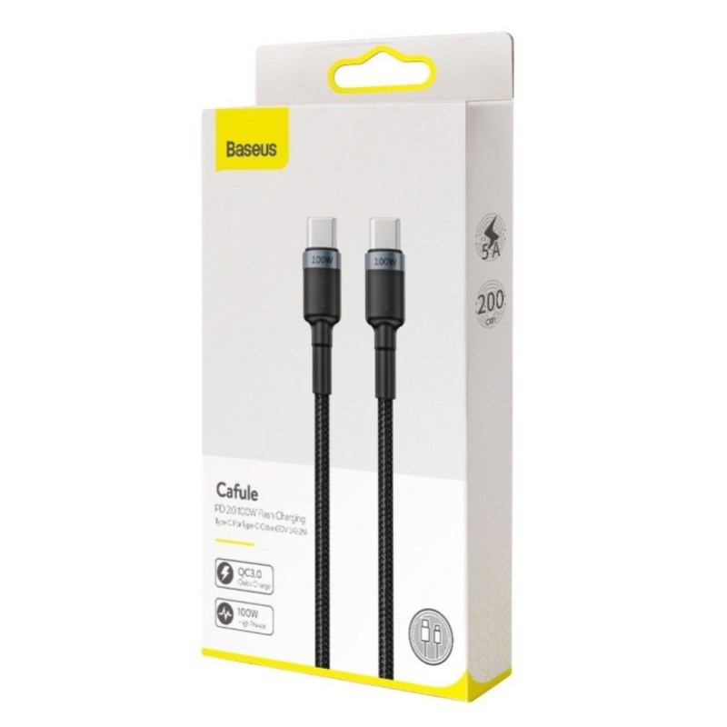 Kabel USB-C => USB-C tekstil ovoj 2,00m 20V/5A 100W PD2 Baseus Cafule črn/siv (CATKLF-ALG1) Baseus Kabel USB-C => USB-C tekstil ovoj 2,00m 20V/5A 100W PD2 Baseus Cafule črn/siv (CATKLF-ALG1)
