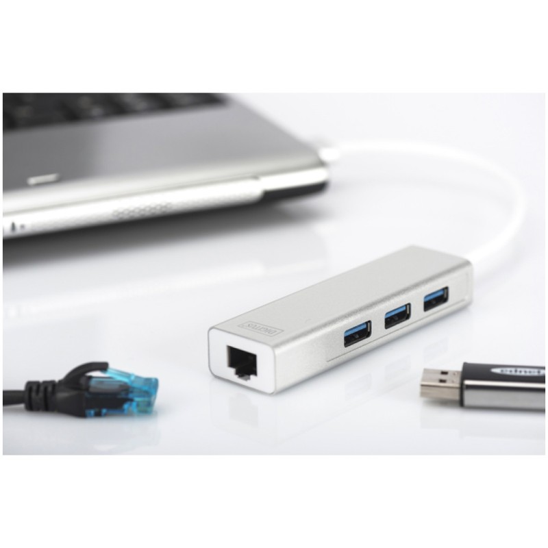 HUB USB 3.0 3portni Digitus z 100/1000 Ethernet mrežnim priključkom Digitus HUB USB 3.0 3portni Digitus z 100/1000 Ethernet mrežnim priključkom