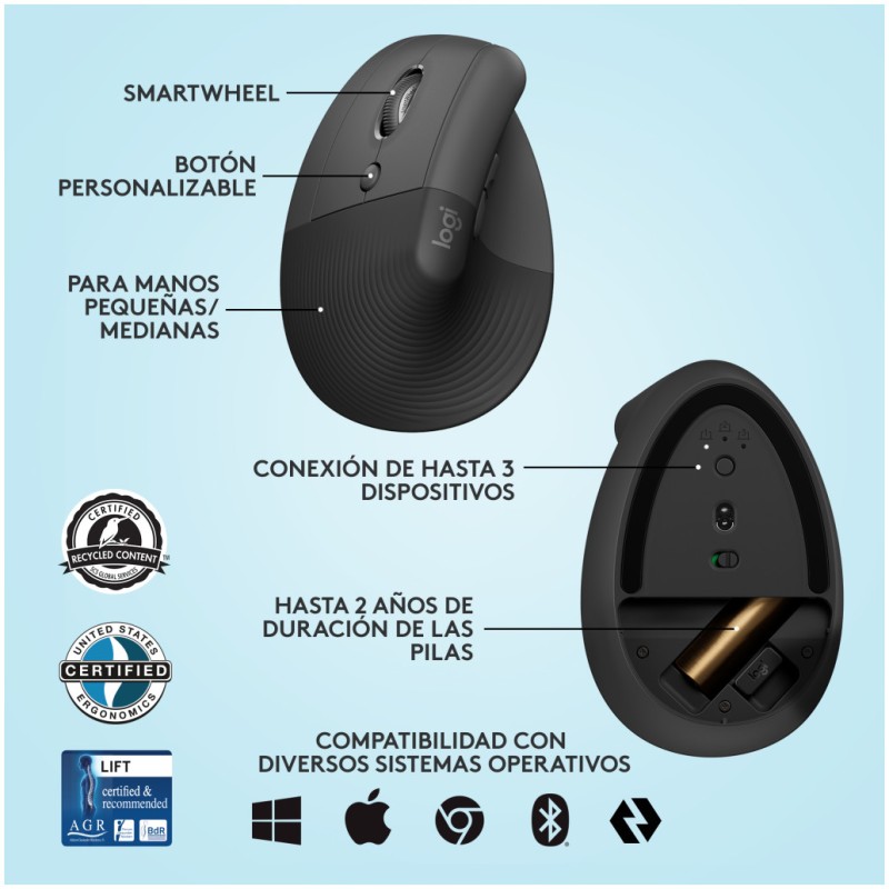 Miš brezžična + Bluetooth Logitech Lift Vertical za levičarje 4000DPI ergonomična grafitna (910-006474) LOGITECH Miš brezžična + Bluetooth Logitech Lift Vertical za levičarje 4000DPI ergonomična grafitna (910-006474)