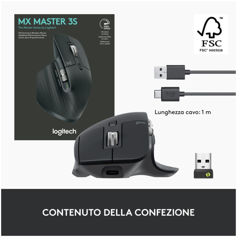 Miš brezžična + Bluetooth Logitech MX Master 3S Performance 8000DPI Unifying Bolt grafitna (910-006559) LOGITECH Miš brezžična + Bluetooth Logitech MX Master 3S Performance 8000DPI Unifying Bolt grafitna (910-006559)