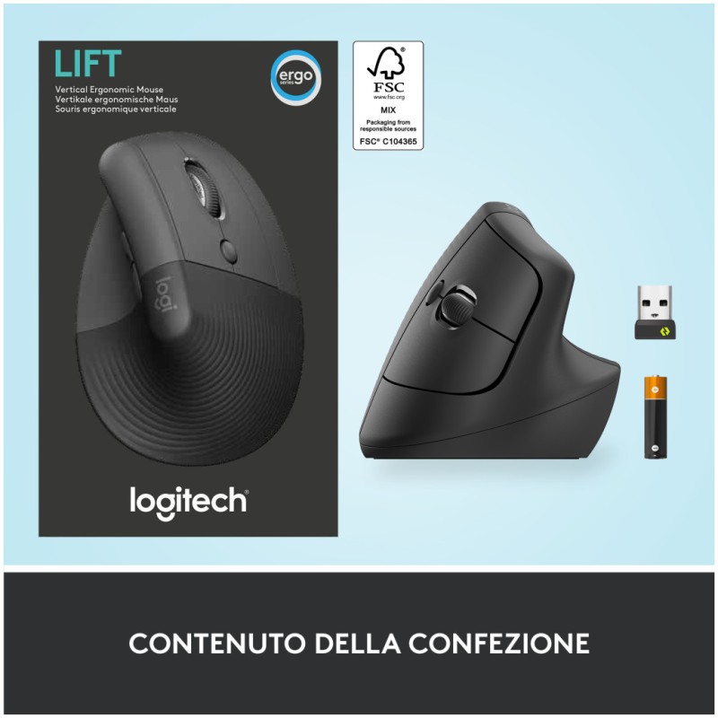 Miš brezžična + Bluetooth Logitech Lift Vertical za desničarje 4000DPI ergonomična grafitna (910-006473) LOGITECH Miš brezžična + Bluetooth Logitech Lift Vertical za desničarje 4000DPI ergonomična grafitna (910-006473)