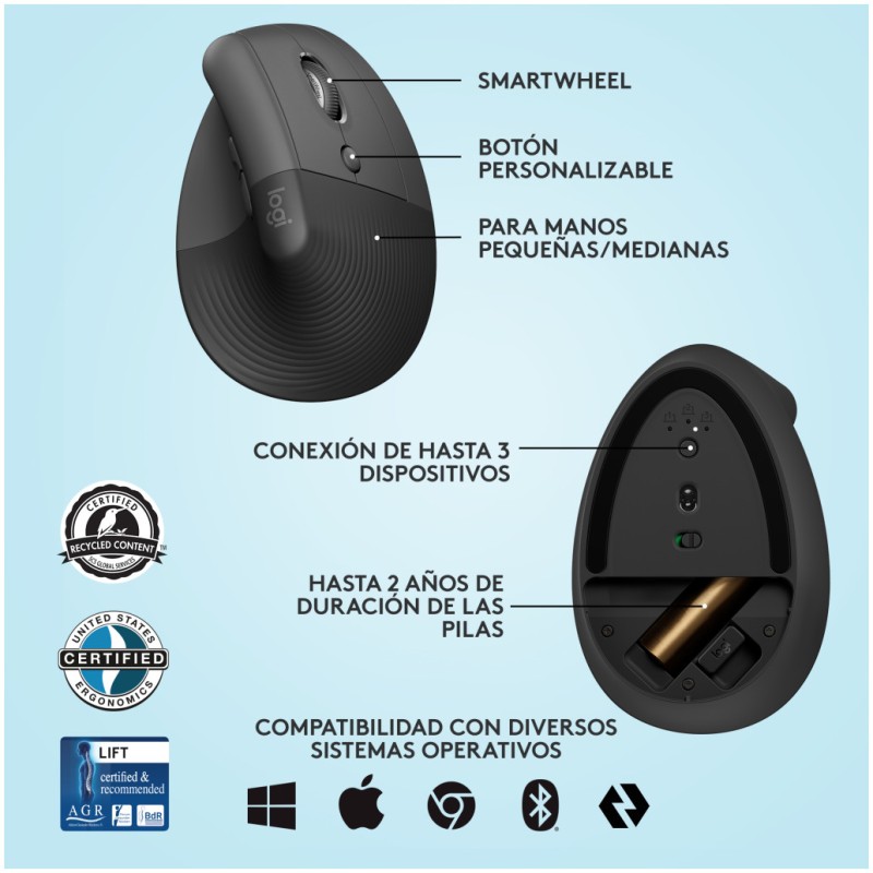 Miš brezžična + Bluetooth Logitech Lift Vertical za desničarje 4000DPI ergonomična grafitna (910-006473) LOGITECH Miš brezžična + Bluetooth Logitech Lift Vertical za desničarje 4000DPI ergonomična grafitna (910-006473)