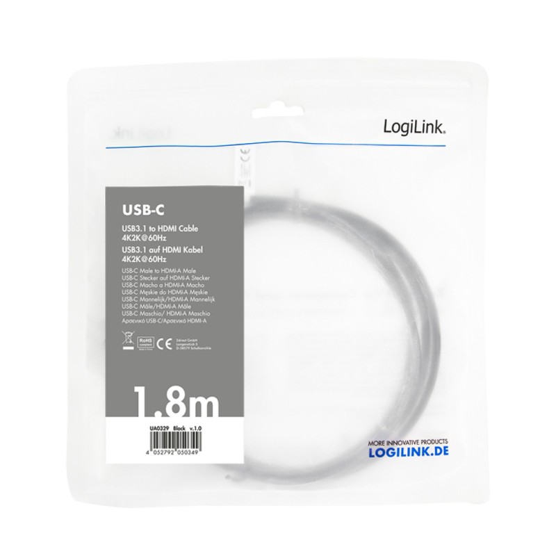 Kabel USB-C 3.2 Gen1 => HDMI 2.0 1,8m UHD 4K@60HZ črn Logilink (UA0329) Kabel USB-C LOGILINK Kabel USB-C 3.2 Gen1 => HDMI 2.0 1,8m UHD 4K@60HZ črn Logilink (UA0329) Kabel USB-C