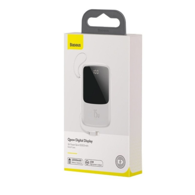Prenosna baterija Baseus Qpow z Lightning kablom 10.000 mAh 15W 2x USB-A 1x USB-C - bela Baseus Prenosna baterija Baseus Qpow z Lightning kablom 10.000 mAh 15W 2x USB-A 1x USB-C - bela