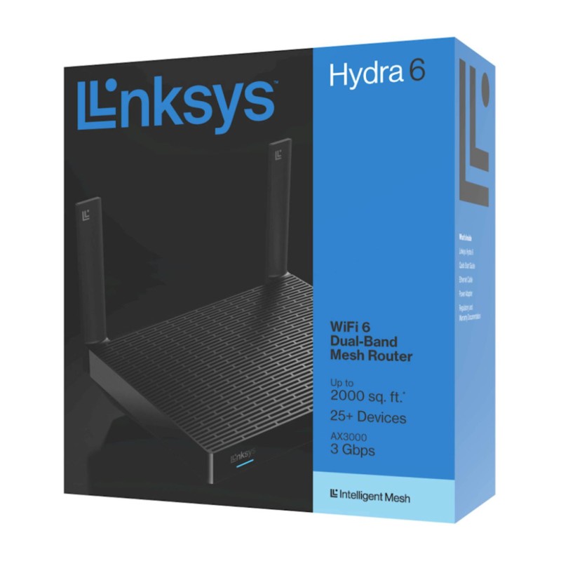 Usmerjevalnik brezžični Linksys Hydra 6 WiFi6 802.11ax AX3000 2402Mbit/s MESH MU-MIMO dualband OFDMA 4xLAN 2x antena (MR2000-KE) Linksys Usmerjevalnik brezžični Linksys Hydra 6 WiFi6 802.11ax AX3000 2402Mbit/s MESH MU-MIMO dualband OFDMA 4xLAN 2x antena (MR2000-KE)
