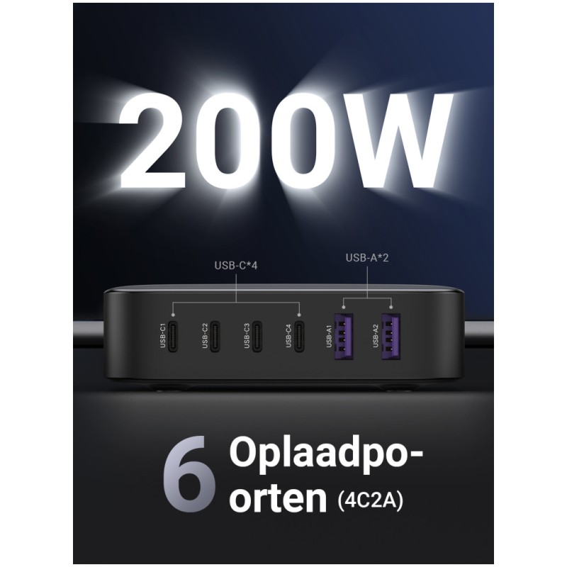 Hišni polnilec 100-240V => 2x USB-A (ž) 4x USB-C 200W GaN II Ugreen - črn (40914) UGREEN Hišni polnilec 100-240V => 2x USB-A (ž) 4x USB-C 200W GaN II Ugreen - črn (40914)