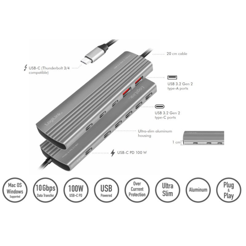 HUB USB-C => 2xUSB3.2 Gen2 tip A in 2xUSB-C3.2 Gen2 PD3.0 100W 10Gbps 20cm ALU ohišje space gray Logilink (UA0413) LOGILINK HUB USB-C => 2xUSB3.2 Gen2 tip A in 2xUSB-C3.2 Gen2 PD3.0 100W 10Gbps 20cm ALU ohišje space gray Logilink (UA0413)