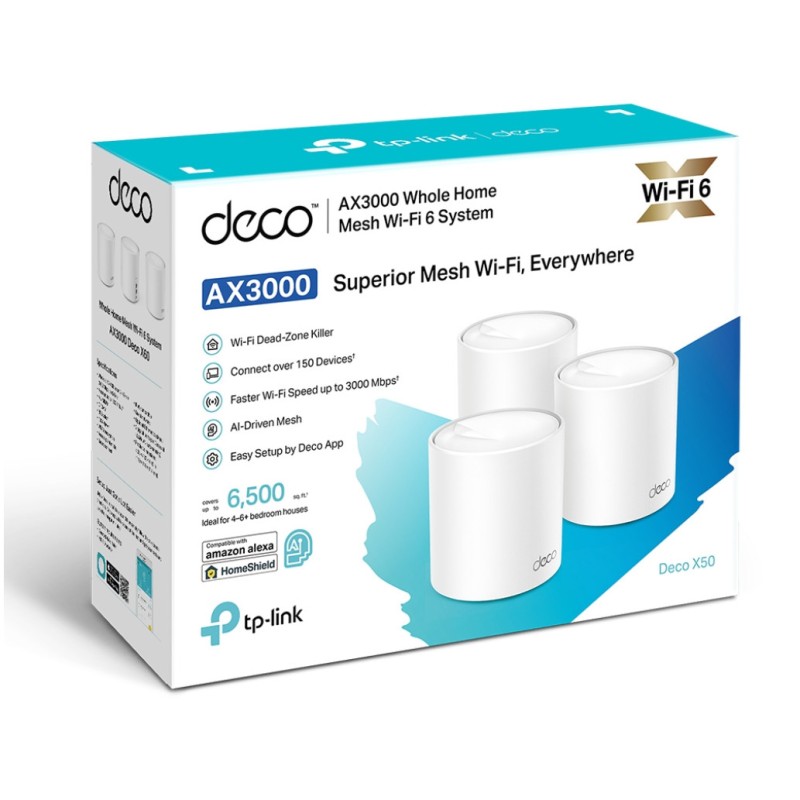 Usmerjevalnik brezžični mrežni sistem TP-Link WiFi6 802.11ax AX3000 3000Mbit/s MESH 3xLAN 2x notranja antena (Deco X50(3-pack)) TP-LINK Usmerjevalnik brezžični mrežni sistem TP-Link WiFi6 802.11ax AX3000 3000Mbit/s MESH 3xLAN 2x notranja antena (Deco X50(3-pack))