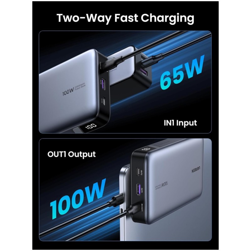 Prenosna baterija Ugreen 20000mAh 100W PD 1x USB-A 2x USB-C črna (25188) UGREEN Prenosna baterija Ugreen 20000mAh 100W PD 1x USB-A 2x USB-C črna (25188)