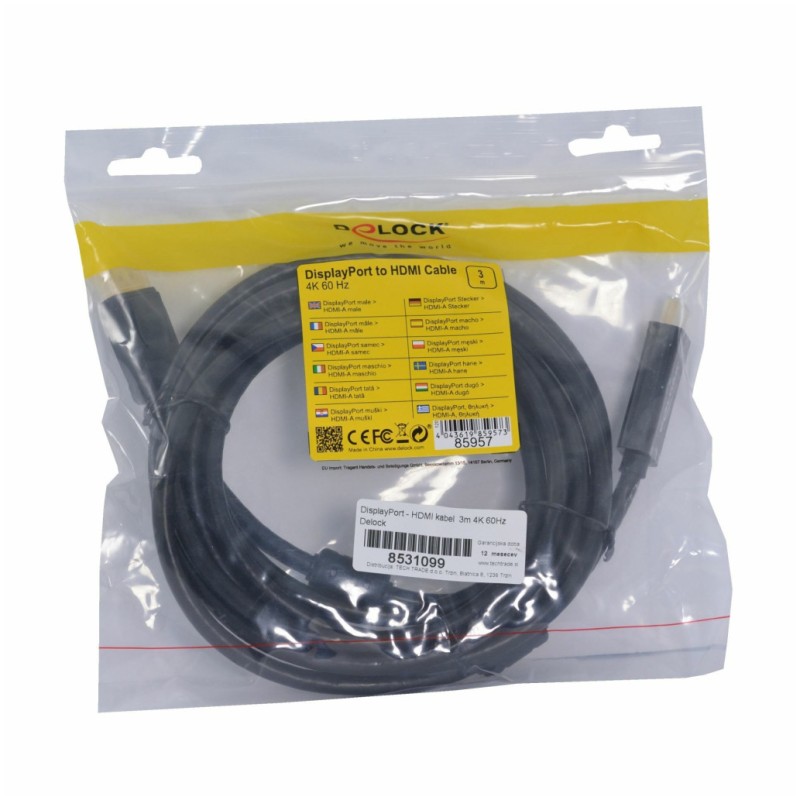 Kabel DisplayPort (m) => HDMI (m) 3,0m Delock 4K@60Hz - črn (85957) Delock Kabel DisplayPort (m) => HDMI (m) 3,0m Delock 4K@60Hz - črn (85957)