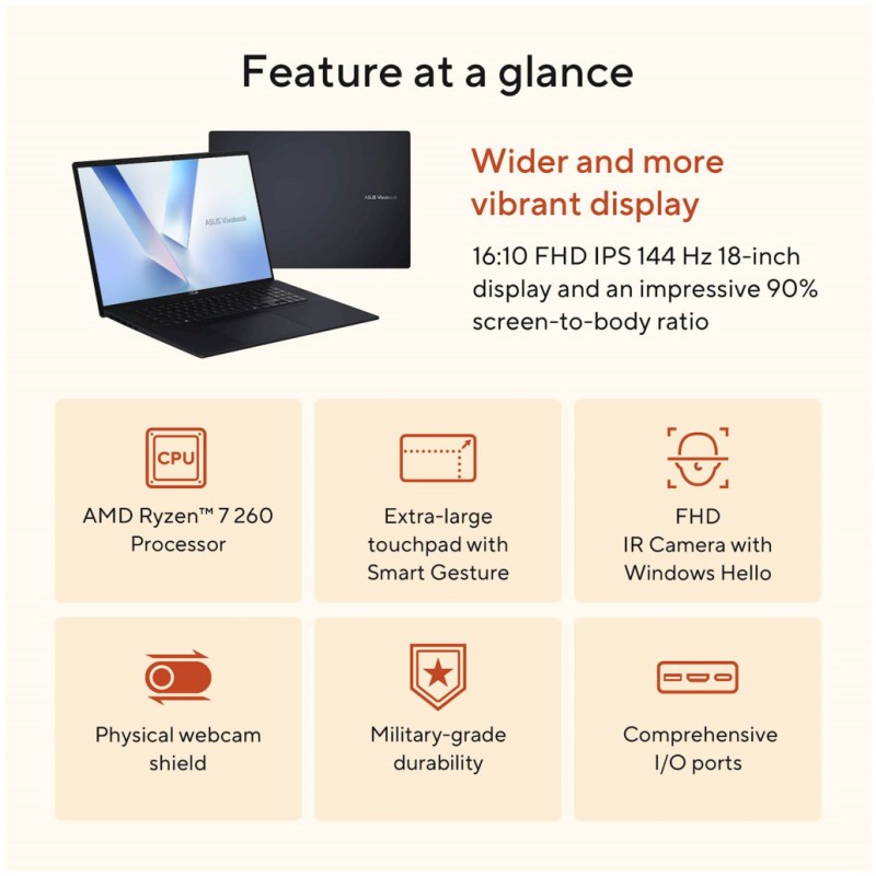 Prenosnik Asus 46,74 cm (18,4) Vivobook 18 1920x1080 IPS 300nit 144Hz Ryzen 7 260/32GB/SSD1TB/BL/AMD Radeon/Win11Home (90NB15P1-M00780) ASUS Prenosnik Asus 46,74 cm (18,4) Vivobook 18 1920x1080 IPS 300nit 144Hz Ryzen 7 260/32GB/SSD1TB/BL/AMD Radeon/Win11Home (90NB15P1-M00780)