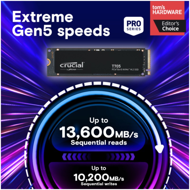 Disk SSD M.2 NVMe PCIe 5.0 1TB Crucial T705 2280 13600/10200MB/s (CT1000T705SSD3) CRUCIAL Disk SSD M.2 NVMe PCIe 5.0 1TB Crucial T705 2280 13600/10200MB/s (CT1000T705SSD3)