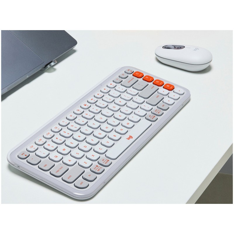Tipkovnica in miš Logitech brezžična + Bluetooth POP Icon Combo US international bela tiha SLO gravura (920-013141)