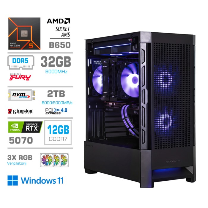 Računalnik MEGA MT S8 R5-9600X/RTX5070/32GB-DDR5/2TB-4.0/750W/Win11Home/črna RGB + Estetski napajalni kabli [Vijolična/ Črna]